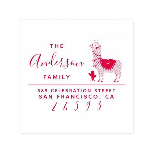 Red Llama & Succulent Familienaam Retouradres Zelfinktende Stempel (Design)