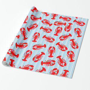 Red Lobster Animal Pattern op Blue Stripes Cadeaupapier