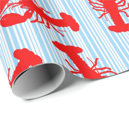Red Lobster Animal Pattern op Blue Stripes Cadeaupapier (Rol Hoek)
