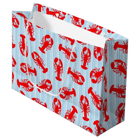 Red Lobster Animal Pattern op Blue Stripes Groot Cadeauzakje (Voorkant Gekanteld)