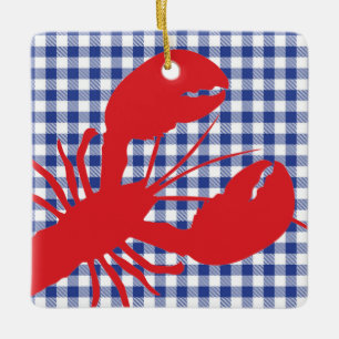 Red Lobster Blauw Witte Gingham LOCATIE Jaar Keramisch Ornament