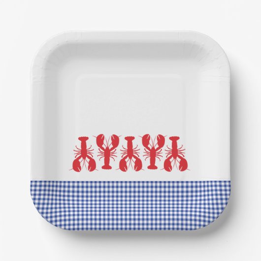 Red Lobster Blue White Gingham Coastal Party Bord (Voorkant)