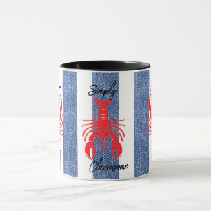 Red Lobster in blauwe en witte denim strepen Mok