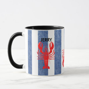 Red Lobster in blauwe en witte denim strepen Mok