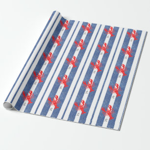 Red Lobster op blauwe en witte denim strepen Cadeaupapier