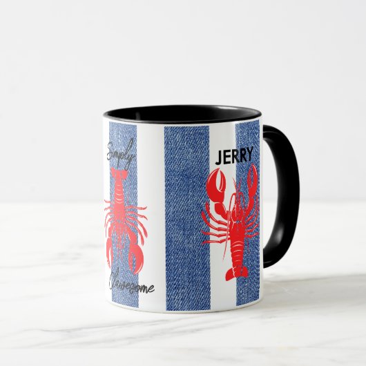 Red Lobster op blauwe en witte denim strepen Mok (Voorkant rechts)