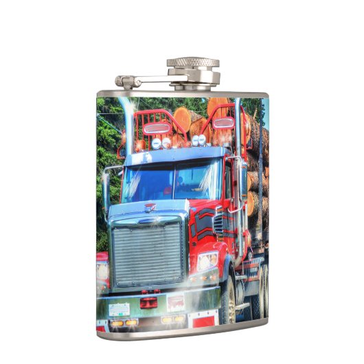 Red Logging Truck Highway Driving Art Truckers Heupfles (Rechts)