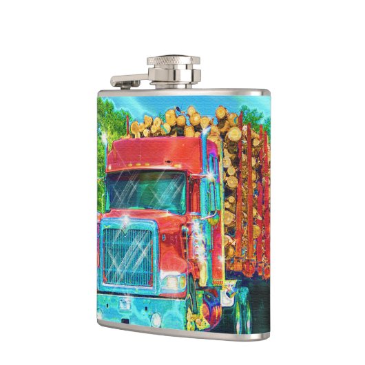 Red Logging Truck Highway Driving Art Truckers Heupfles (Links)