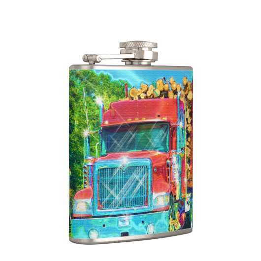 Red Logging Truck Highway Driving Art Truckers Heupfles (Rechts)