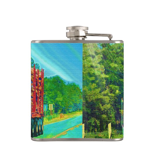 Red Logging Truck Highway Driving Art Truckers Heupfles (Achterkant)