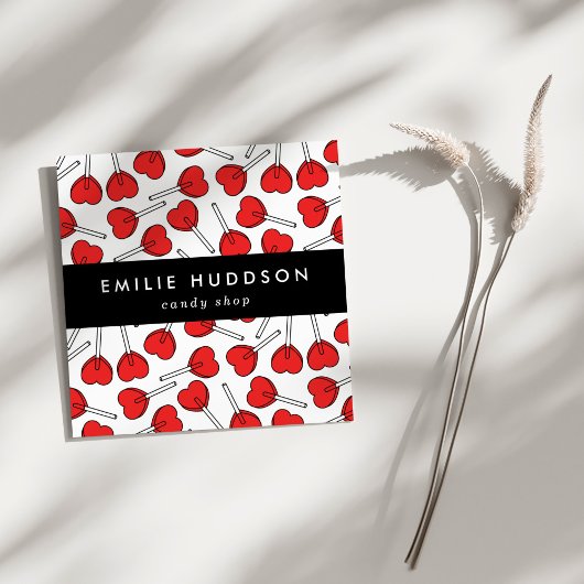 Red Lollipops, Heart Lollipops, Lolly, Candy Shop Vierkante Visitekaartje