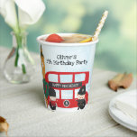 Red London Bus and Clock Tower Kids Birthday Party Papieren Bekers<br><div class="desc">Deze schattige Londense verjaardagsfeestbekertjes zijn voorzien van een rode dubbeldeksbus in Londen en andere schattige accenten. Er is een blauwe waterverf abstracte achtergrond met afbeeldingen vuurwerk en London skyline. De rode bus heeft een "Happy Birthday!"-banner die kan worden bewerkt en het busnummer kan worden aangepast aan de leeftijd van het...</div>