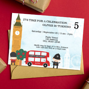 Red London Bus & Clock Tower Kids Birthday Kaart