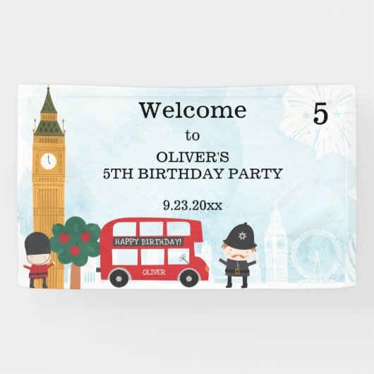 Red London Bus & Clock Tower Kinderen Birthday Par Spandoek (Horizontaal)