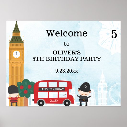 Red London Bus en Clock Tower Birthday Welkom Poster (Voorkant)