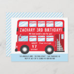 Red London Bus Kids Birthday Party Invitation Kaart<br><div class="desc">Deze uitnodiging heeft een gigantische rode Londense dubbeldekser geïnspireerde busillustratie met ruimte op verschillende delen van de bus om je verjaardagsdetails te personaliseren. Ideaal voor kinderen die van transportvoertuigen houden,  vooral bussen! Het gekleurde lichtblauwe en witte strepen patroon aan de achterzijde.</div>
