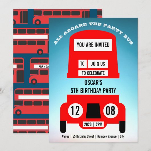 Red London Bus Kinderen Verjaardagsfeestje Uitnodi Save The Date (Voorkant / Achterkant)