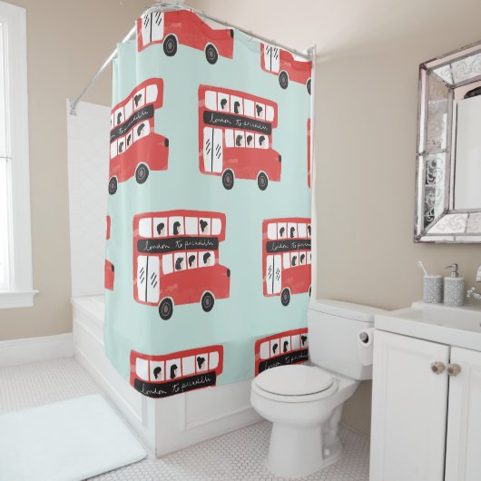 Red London Bus Pattern Douchegordijn (In situ)