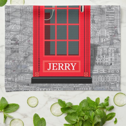 Red London Phone Booth Skyline Theedoek (Gevouwen)