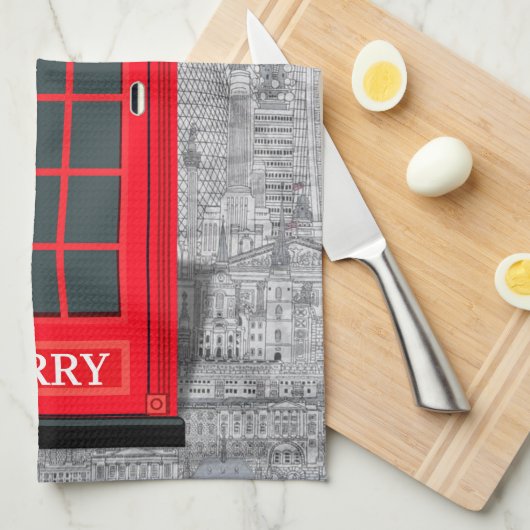 Red London Phone Booth Skyline Theedoek (Quarter Fold)