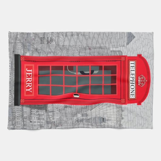 Red London Phone Booth Skyline Theedoek (Horizontaal)