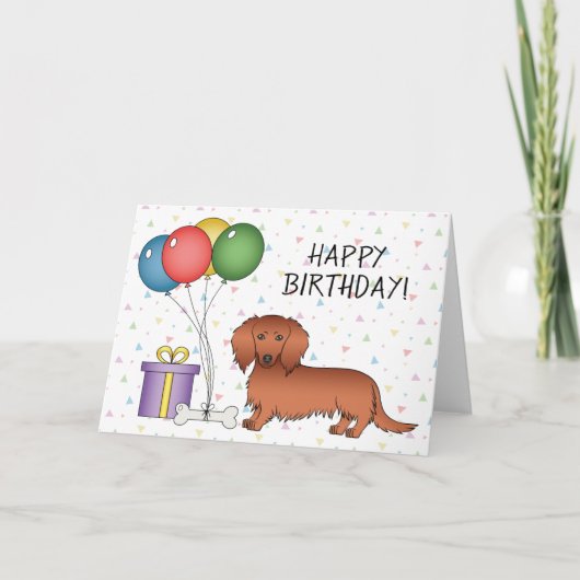 Red Long Coat Dachshund Cartoon Dog Happy Birthday Kaart (Voorkant)