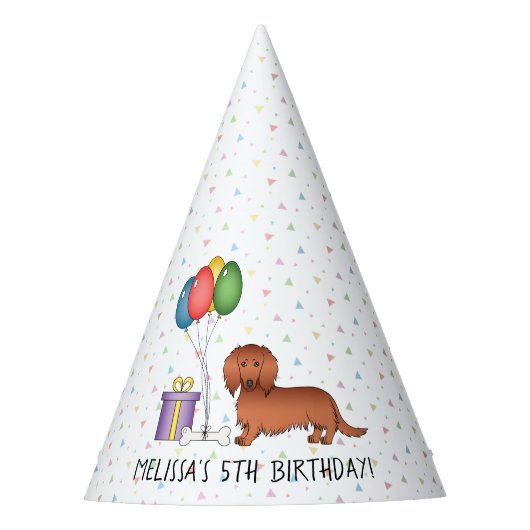 Red Long Hair Dachshund Cartoon Dog - Birthday Feesthoedjes (Voorkant)