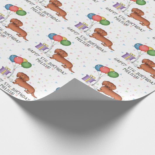 Red Long Hair Dachshund Cartoon Dog Happy Birthday Cadeaupapier (Hoek)