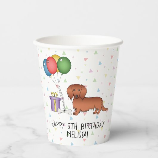 Red Long Hair Dachshund Cartoon Dog Happy Birthday Papieren Bekers (Voorkant)