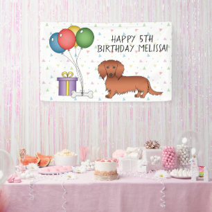 Red Long Hair Dachshund Cartoon Dog Happy Birthday Spandoek