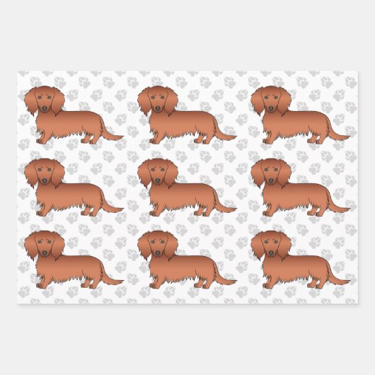 Red Long Hair Dachshund Cartoon Dog Pattern & Paws Inpakpapier Vel (Voorkant 3)