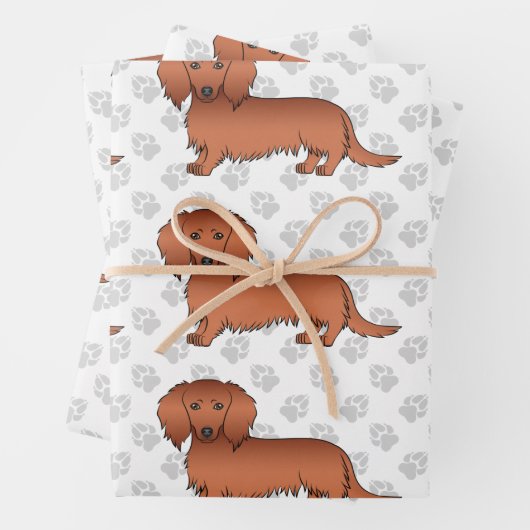 Red Long Hair Dachshund Cartoon Dog Pattern & Paws Inpakpapier Vel (In situ)