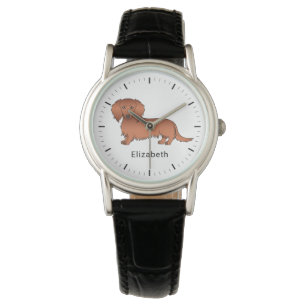 Red Long Hair Dachshund Cute Cartoon Dog & Name Horloge