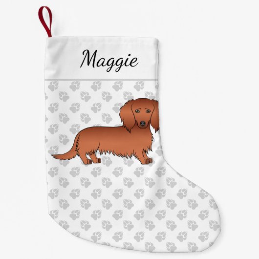 Red Long Hair Dachshund Cute Cartoon Dog & Name Kleine Kerstsok (Voorkant)
