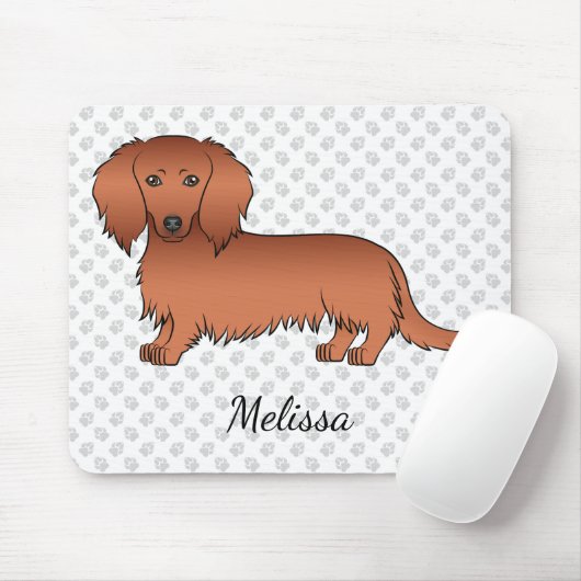 Red Long Hair Dachshund Cute Cartoon Dog & Name Muismat (Met muis)