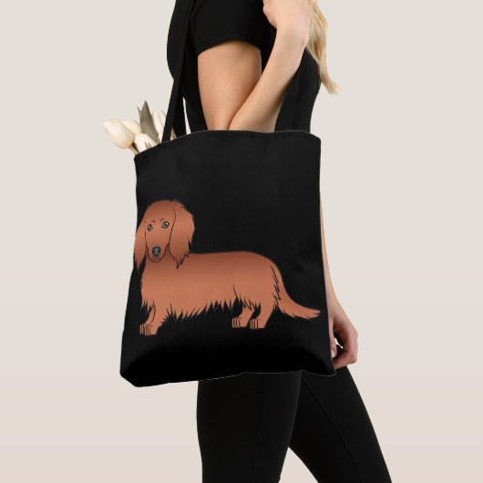 Red Long Hair Dachshund Cute Cartoon Dog on Black Tote Bag (Dichtbij)