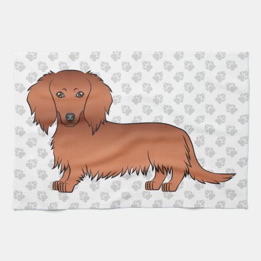 Red Long Hair Dachshund Cute Cartoon Dog & Paws Theedoek (Horizontaal)