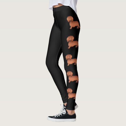 Red Long Hair Dachshund Cute Cartoon Dogs on Black Leggings (Links)