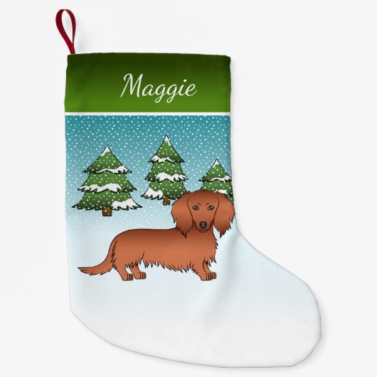 Red Long Hair Dachshund Cute Dog - Winter Forest Kleine Kerstsok (Voorkant)