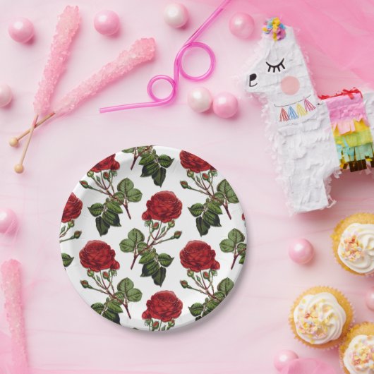 Red Long Stem Roos Patroon Papieren Bordje (Feest)