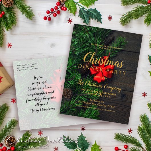 Red Loop Gold Script Kerstdiner Uitnodiging Briefkaart