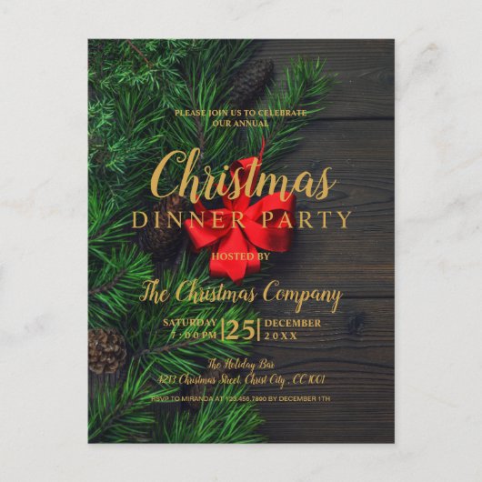 Red Loop Gold Script Kerstdiner Uitnodiging Briefkaart (Voorkant)