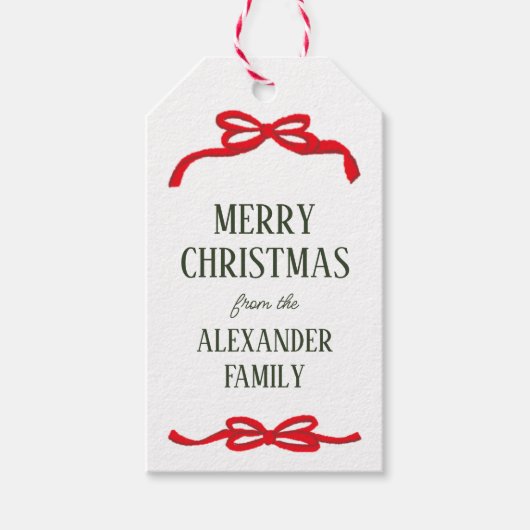 Red Looping Bows Kerstvakantie Cadeaulabel (Voorkant)