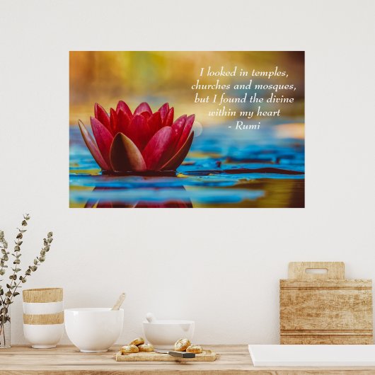 Red Lotus Flower on Blue Water Spiritueel Quote Poster (Keuken)
