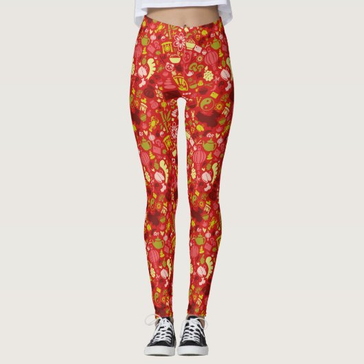 Red Love China All Over Print Pattern Leggings (Voorkant)