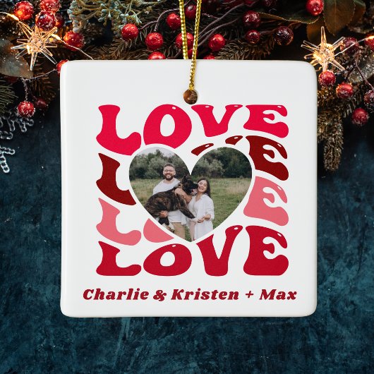 Red Love Custom Couple Names & Photo Heart Keramisch Ornament