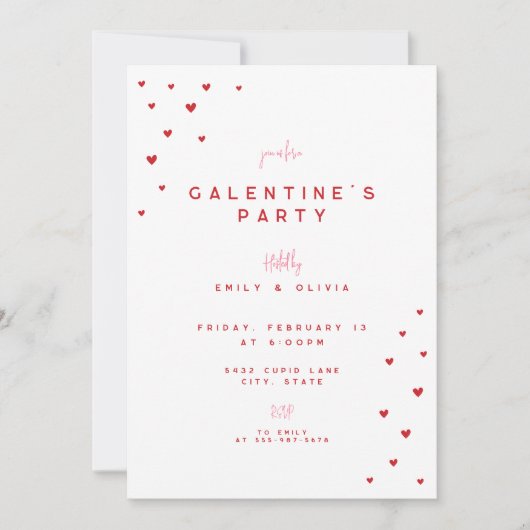 Red Love Heart Valentine's Galentines Party Invite Kaart (Voorkant)