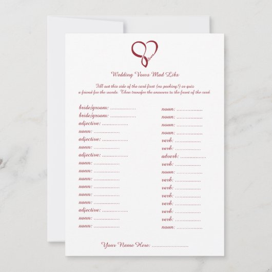 Red Love Heart Weddenschap Libs Game (Achterkant)