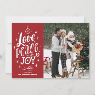 Red Love Peace and Joy Lettering kerstfoto Feestdagenkaart