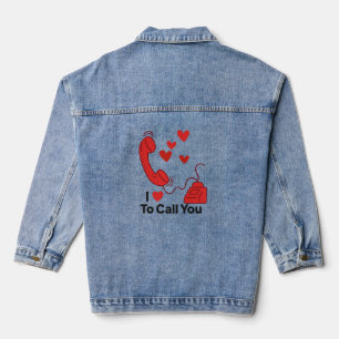 Red Love Phone - Schattigee Retro Call Illustratie Denim Jacket